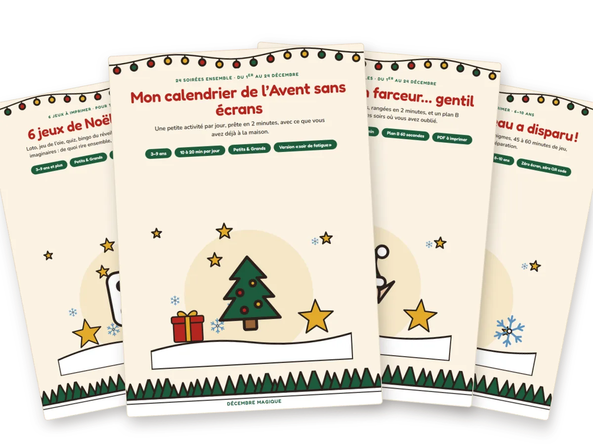 Les quatre kits Décembre Magique : calendrier de l’Avent, lutin farceur, jeux de Noël et escape game